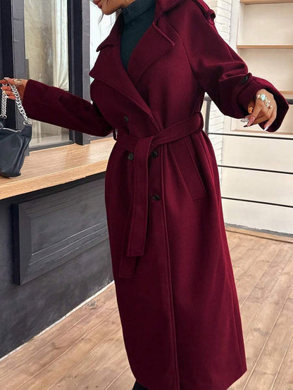 Laurel Double Breasted Belted Long Coat with Peak Lapels - Burgundy