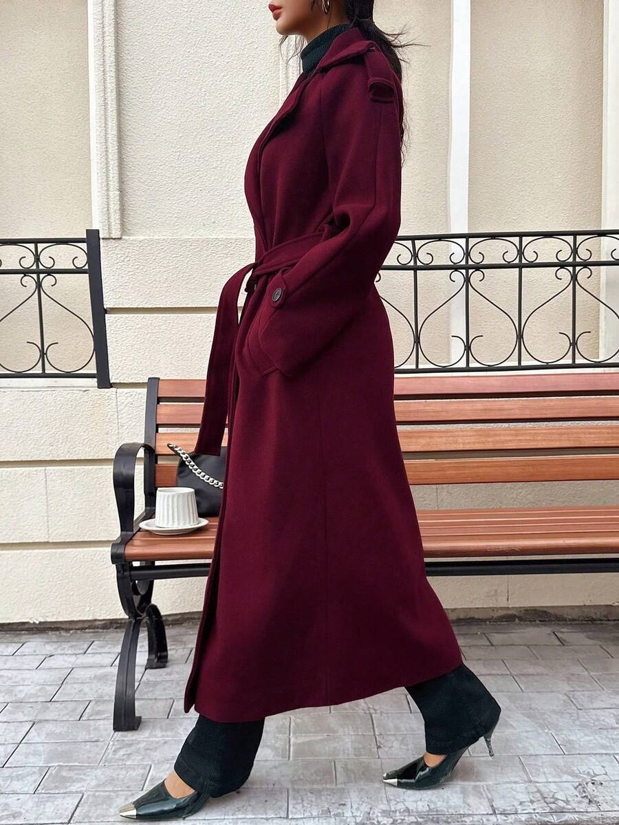 Laurel Double Breasted Belted Long Coat with Peak Lapels - Burgundy