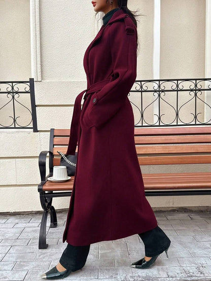 Laurel Double Breasted Belted Long Coat with Peak Lapels - Burgundy