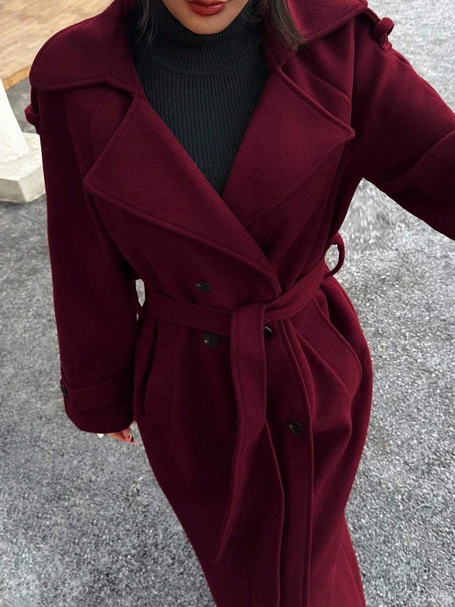 Laurel Double Breasted Belted Long Coat with Peak Lapels - Burgundy