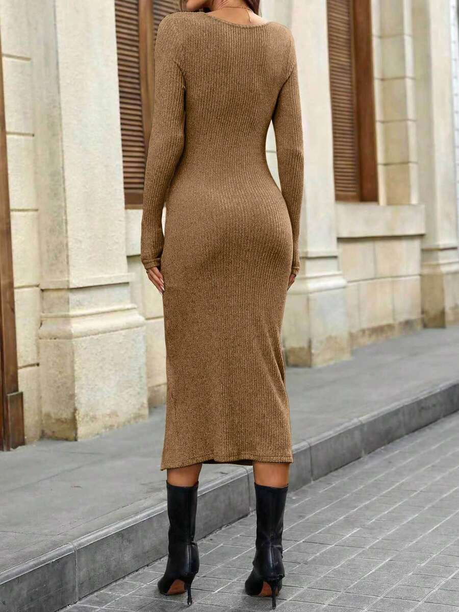 Women's Ruched Waist Midi Dress, Long Sleeve Stretch Dress for Work and Fall - Burgundy