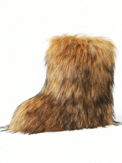 Women's Winter Furry Snow Boots Fuzzy Fluffy Round Toe Suede Booties Flat Heel Slip On Outdoor Indoor Shoes Fashion Warm Fluffy Shoes Mensa