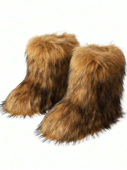 Women's Winter Furry Snow Boots Fuzzy Fluffy Round Toe Suede Booties Flat Heel Slip On Outdoor Indoor Shoes Fashion Warm Fluffy Shoes Mensa