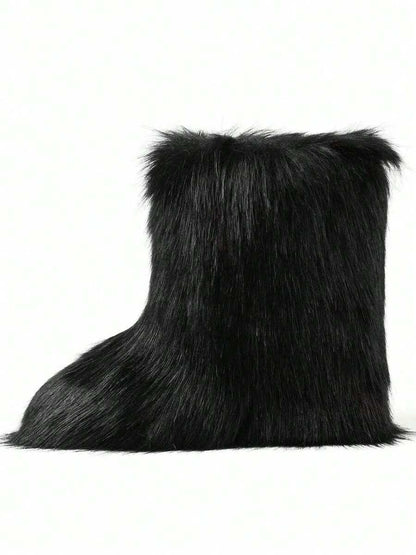 Women's Winter Furry Snow Boots Fuzzy Fluffy Round Toe Suede Booties Flat Heel Slip On Outdoor Indoor Shoes Fashion Warm Fluffy Shoes Mensa