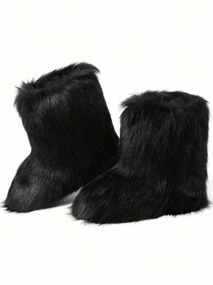 Women's Winter Furry Snow Boots Fuzzy Fluffy Round Toe Suede Booties Flat Heel Slip On Outdoor Indoor Shoes Fashion Warm Fluffy Shoes Mensa