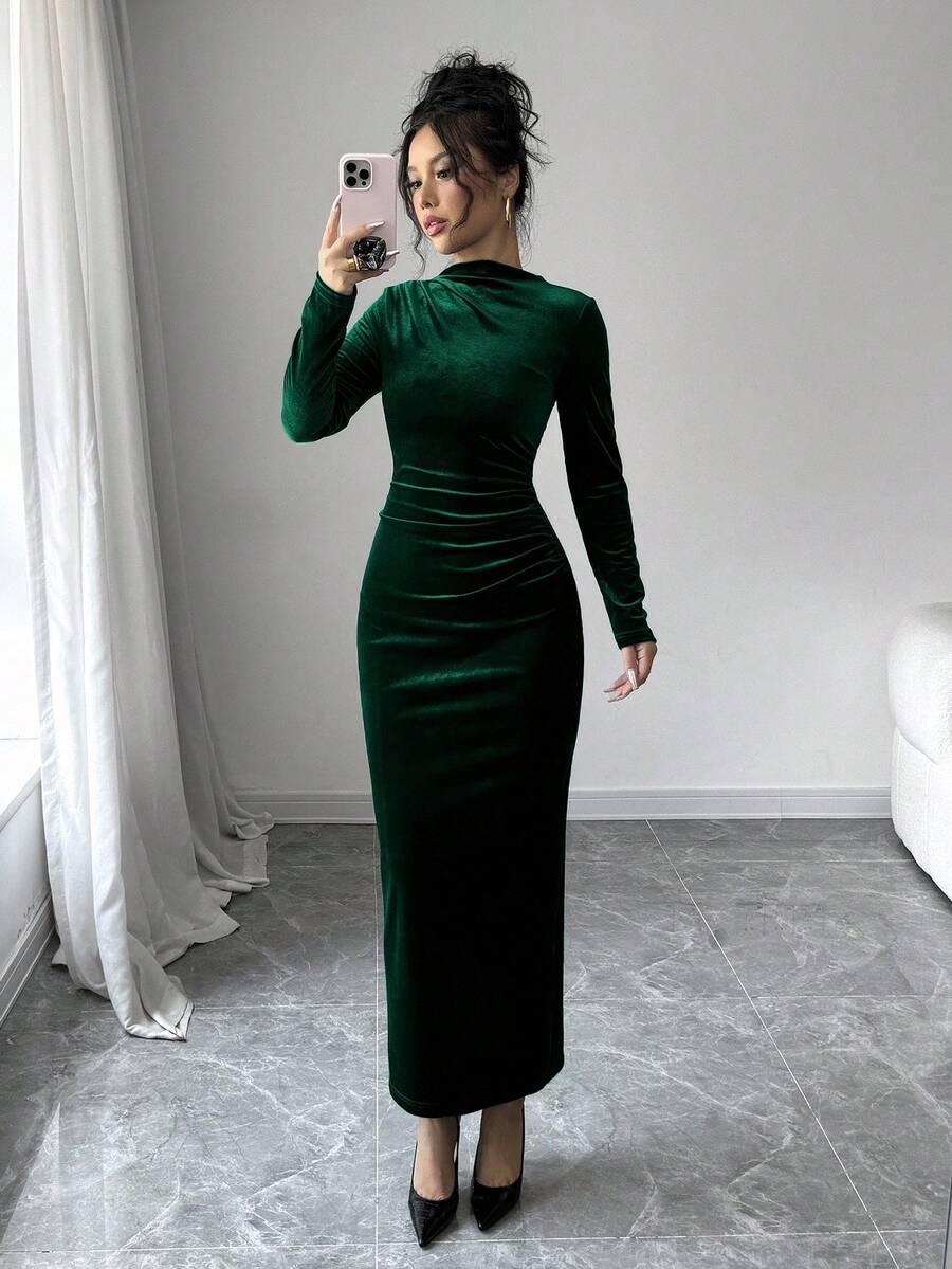 Florence Velvet Ruched Mock Neck Bodycon Maxi Dress - Dark Green
