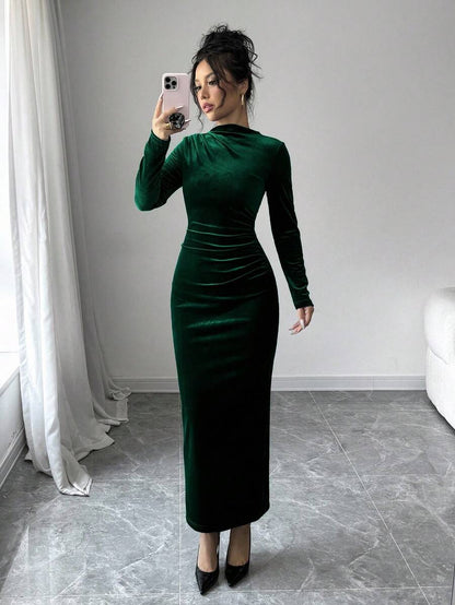 Florence Velvet Ruched Mock Neck Bodycon Maxi Dress - Dark Green