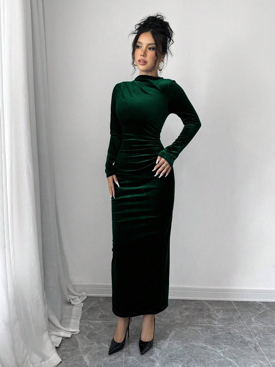 Florence Velvet Ruched Mock Neck Bodycon Maxi Dress