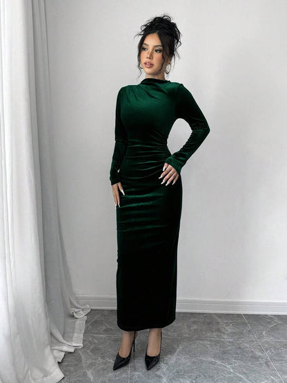 Florence Velvet Ruched Mock Neck Bodycon Maxi Dress