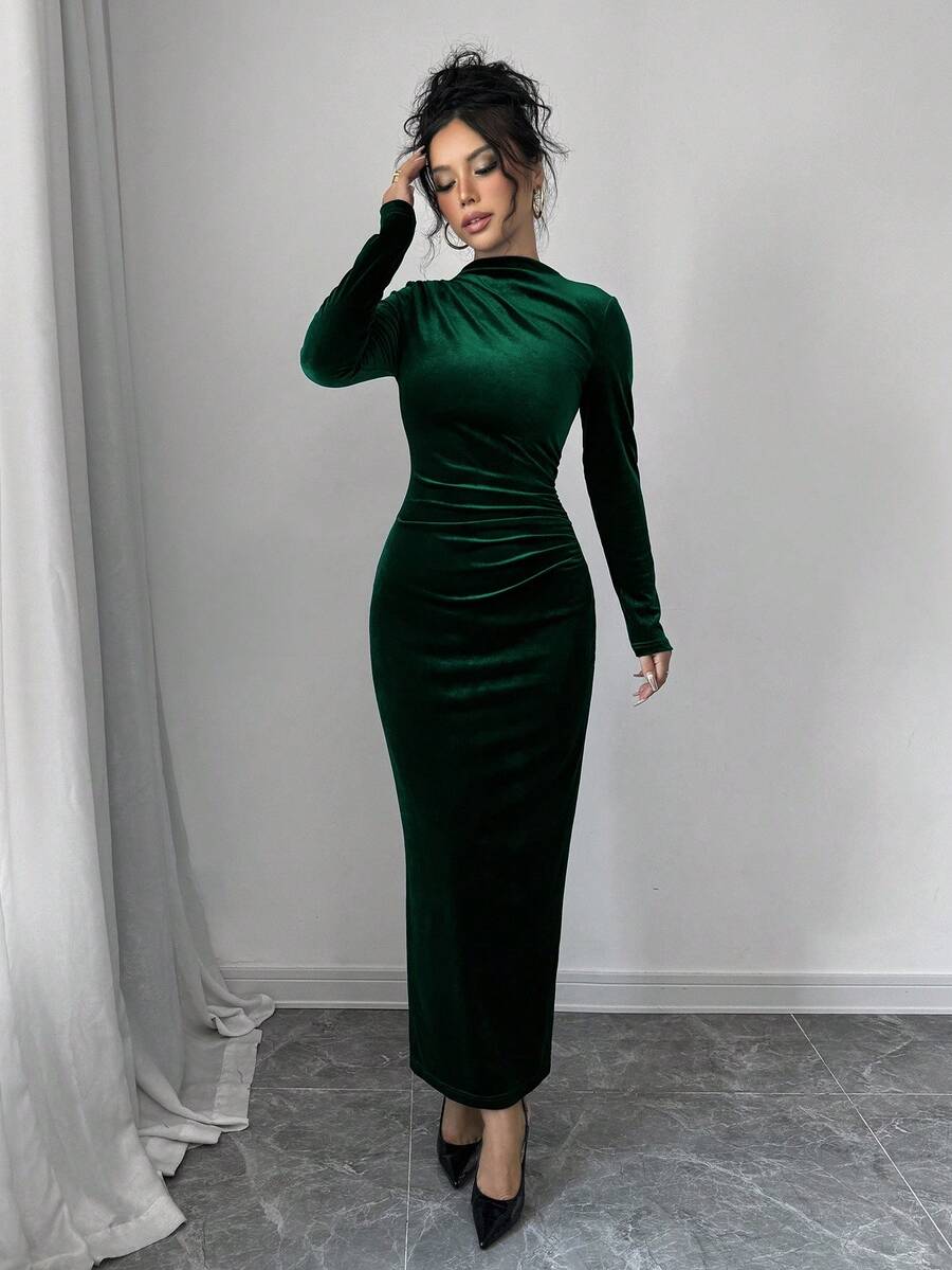 Florence Velvet Ruched Mock Neck Bodycon Maxi Dress