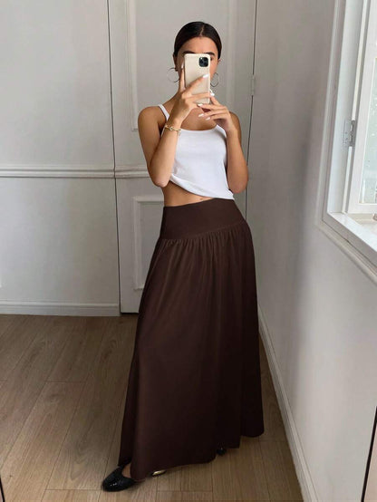 Cressida High Waist Wide Waistband Pleated Maxi Skirt - Chocolate Brown