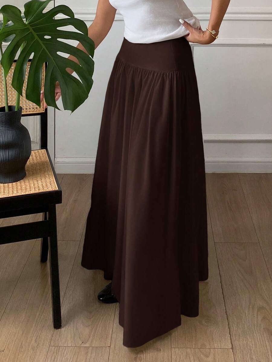Cressida High Waist Wide Waistband Pleated Maxi Skirt - Chocolate Brown
