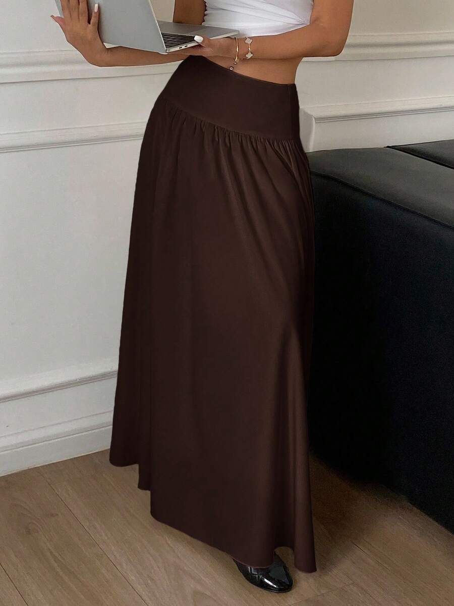 Cressida High Waist Wide Waistband Pleated Maxi Skirt - Chocolate Brown