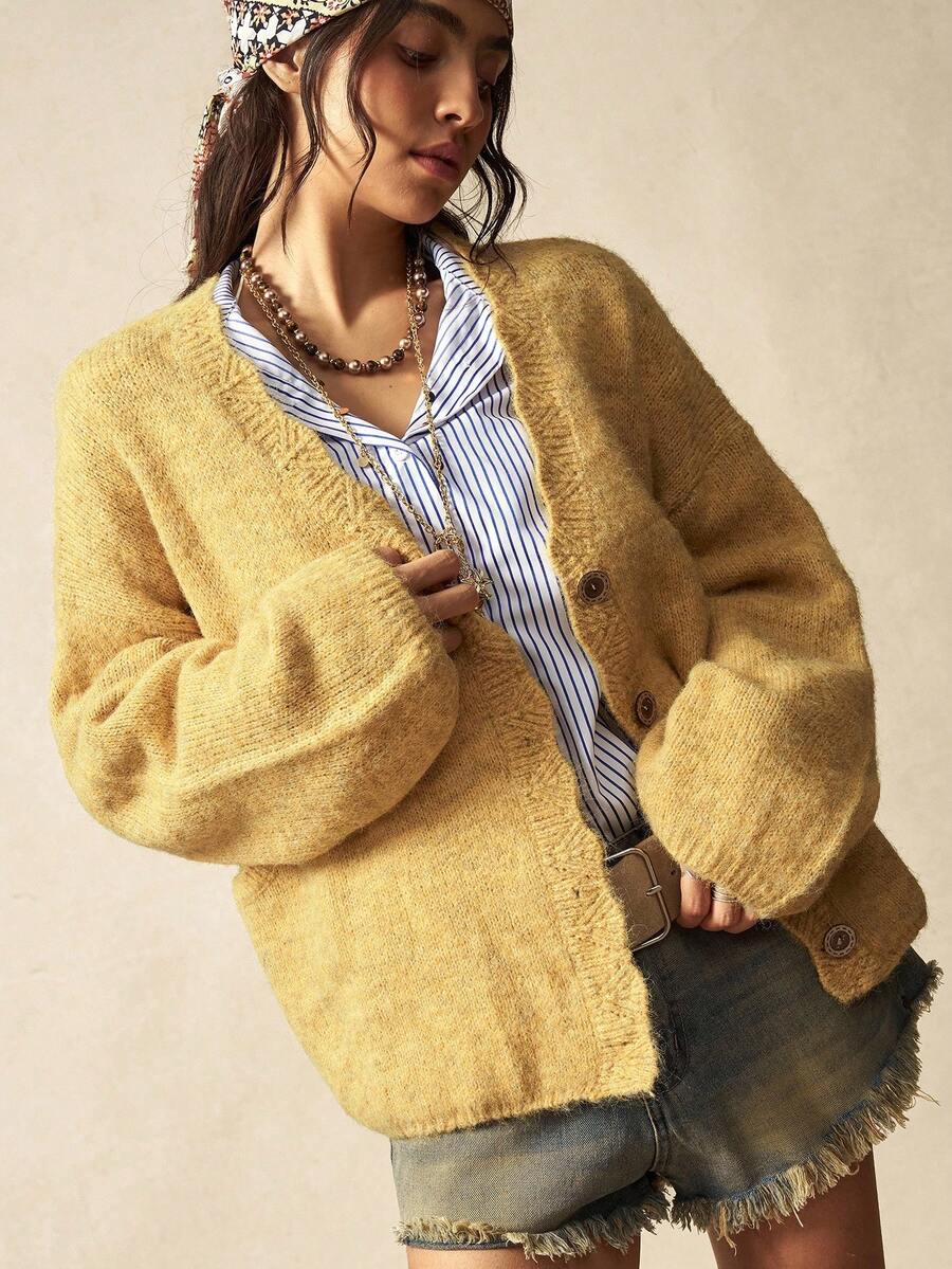 Megeve Oversized Fuzzy Knit Button Front Cardigan
