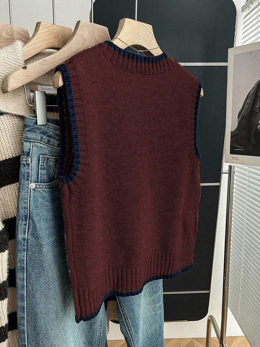Beatrice Contrast Trim Sleeveless Knit Sweater Vest - Burgundy with Navy Trim