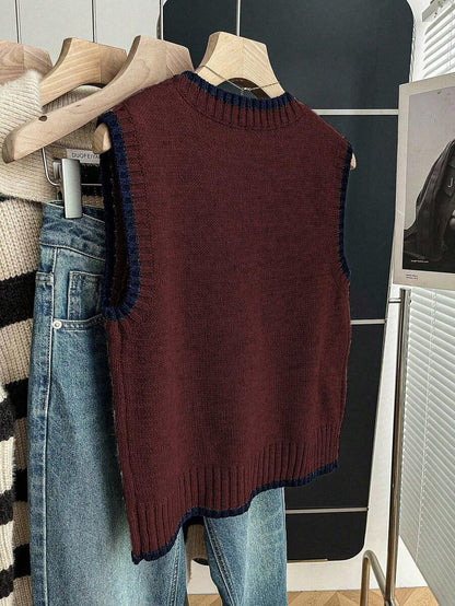 Beatrice Contrast Trim Sleeveless Knit Sweater Vest - Burgundy with Navy Trim
