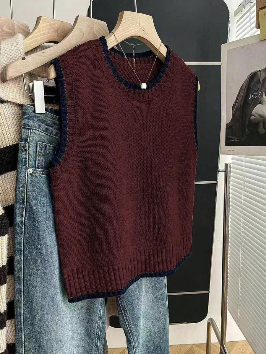 Beatrice Contrast Trim Sleeveless Knit Sweater Vest - Burgundy with Navy Trim