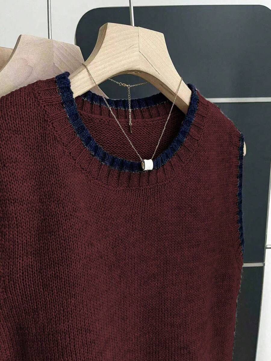 Beatrice Contrast Trim Sleeveless Knit Sweater Vest - Burgundy with Navy Trim