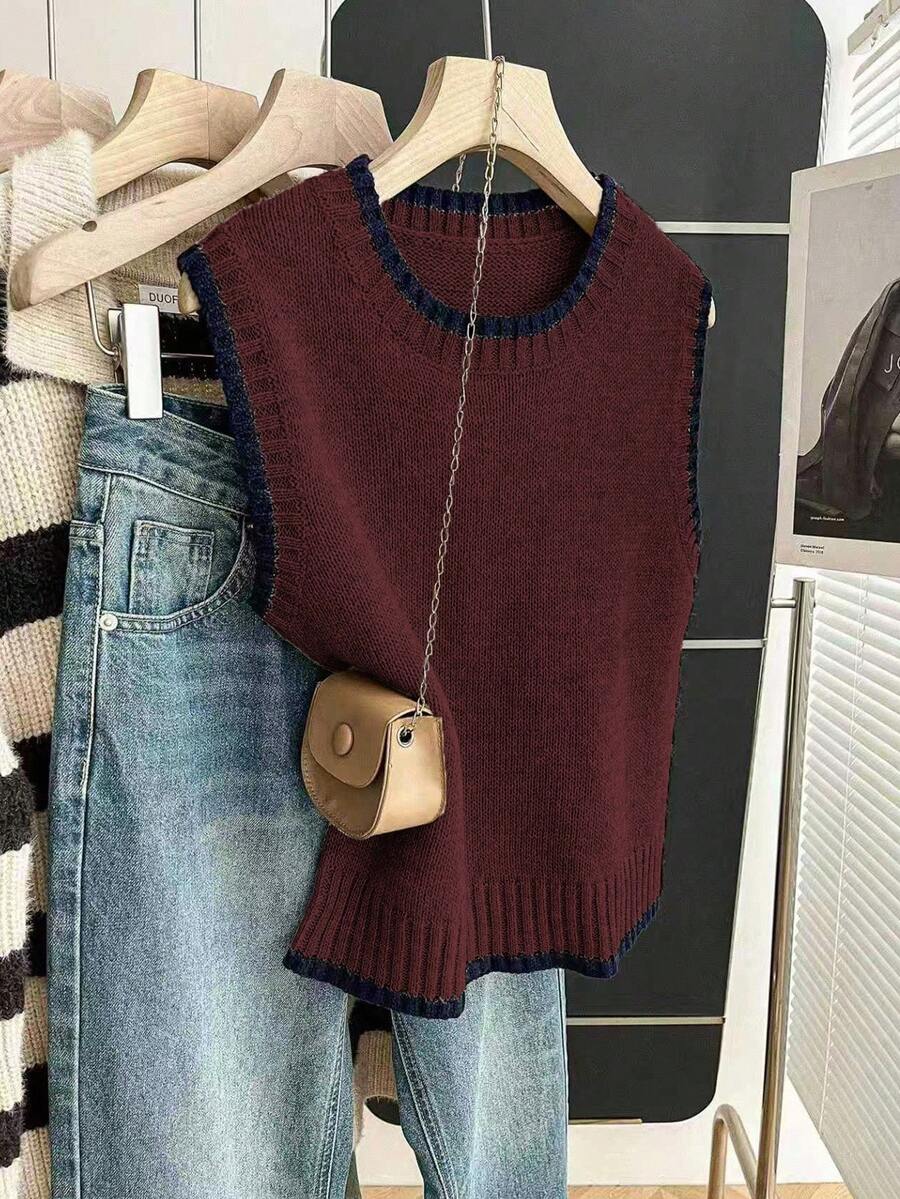 Beatrice Contrast Trim Sleeveless Knit Sweater Vest - Burgundy with Navy Trim