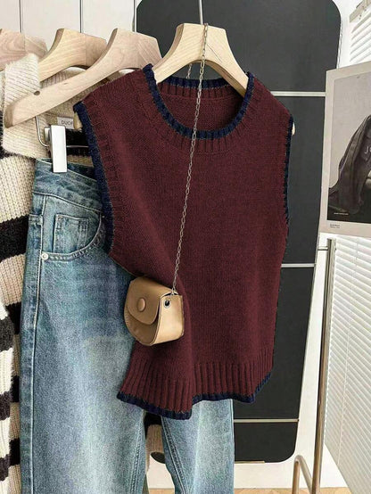 Beatrice Contrast Trim Sleeveless Knit Sweater Vest - Burgundy with Navy Trim