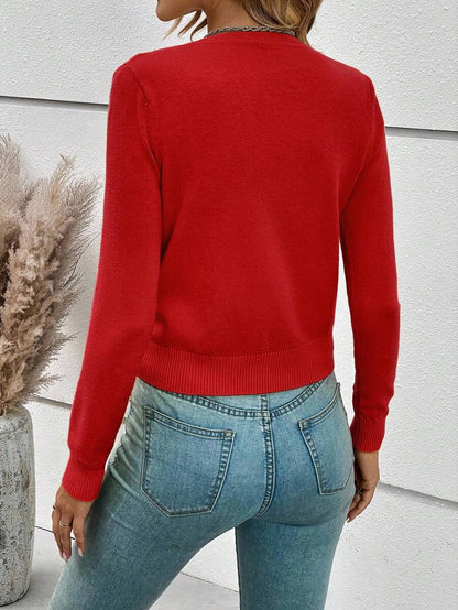 Georgiana Slim Ribbed V-Neck Button Front Knit Cardigan - Red