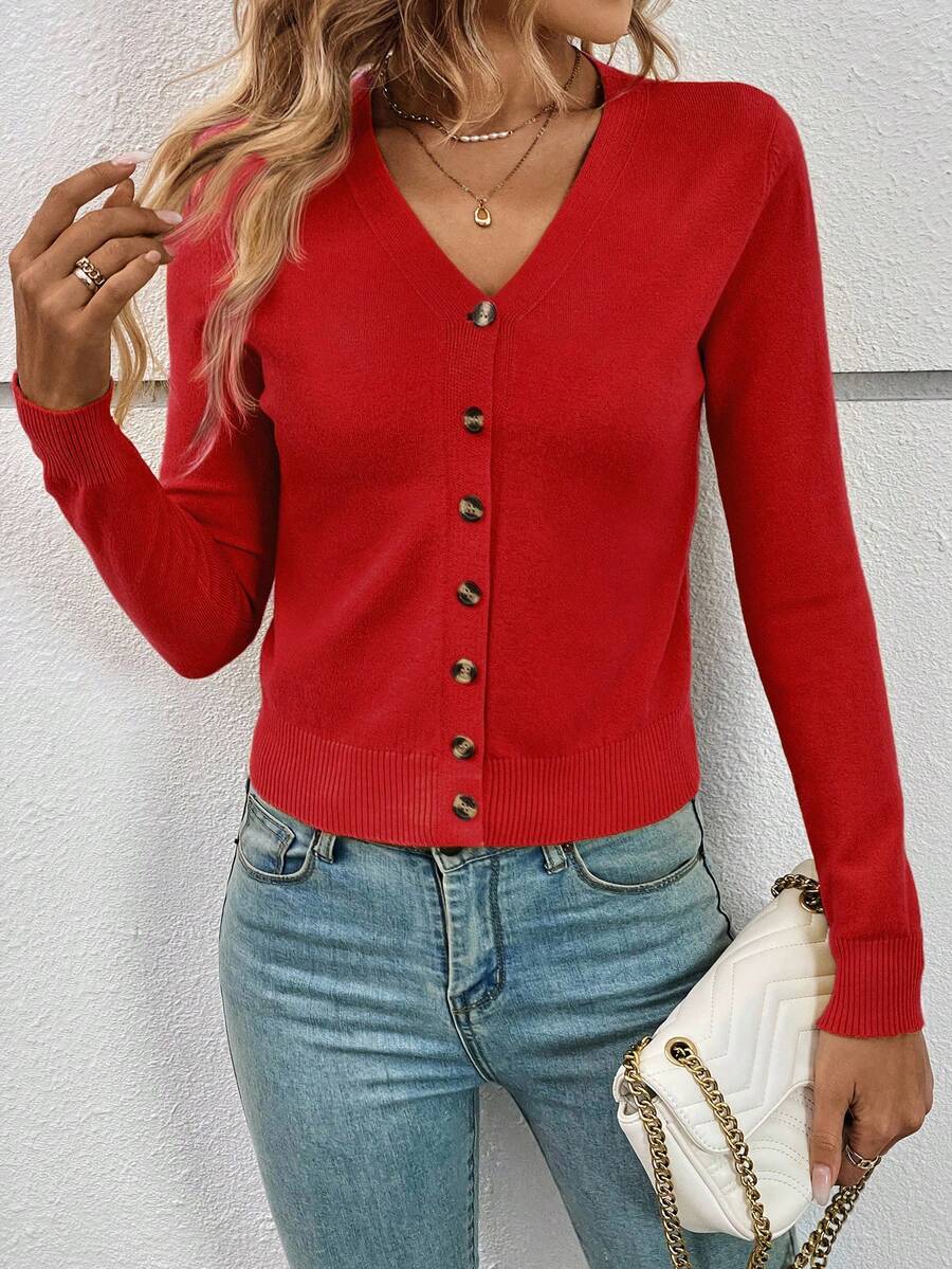 Georgiana Slim Ribbed V-Neck Button Front Knit Cardigan - Red