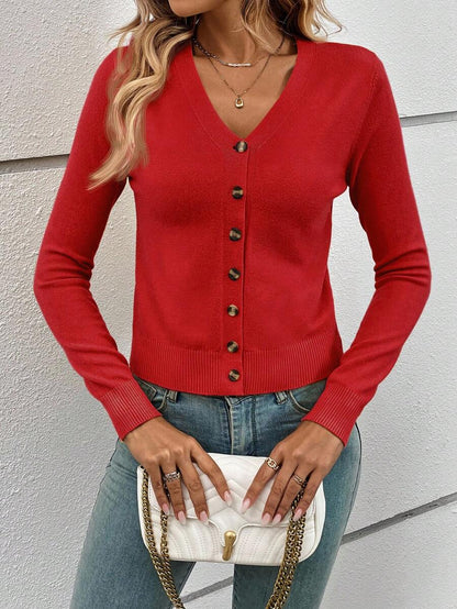 Georgiana Slim Ribbed V-Neck Button Front Knit Cardigan - Red