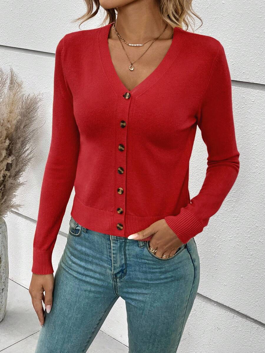 Georgiana Slim Ribbed V-Neck Button Front Knit Cardigan - Red