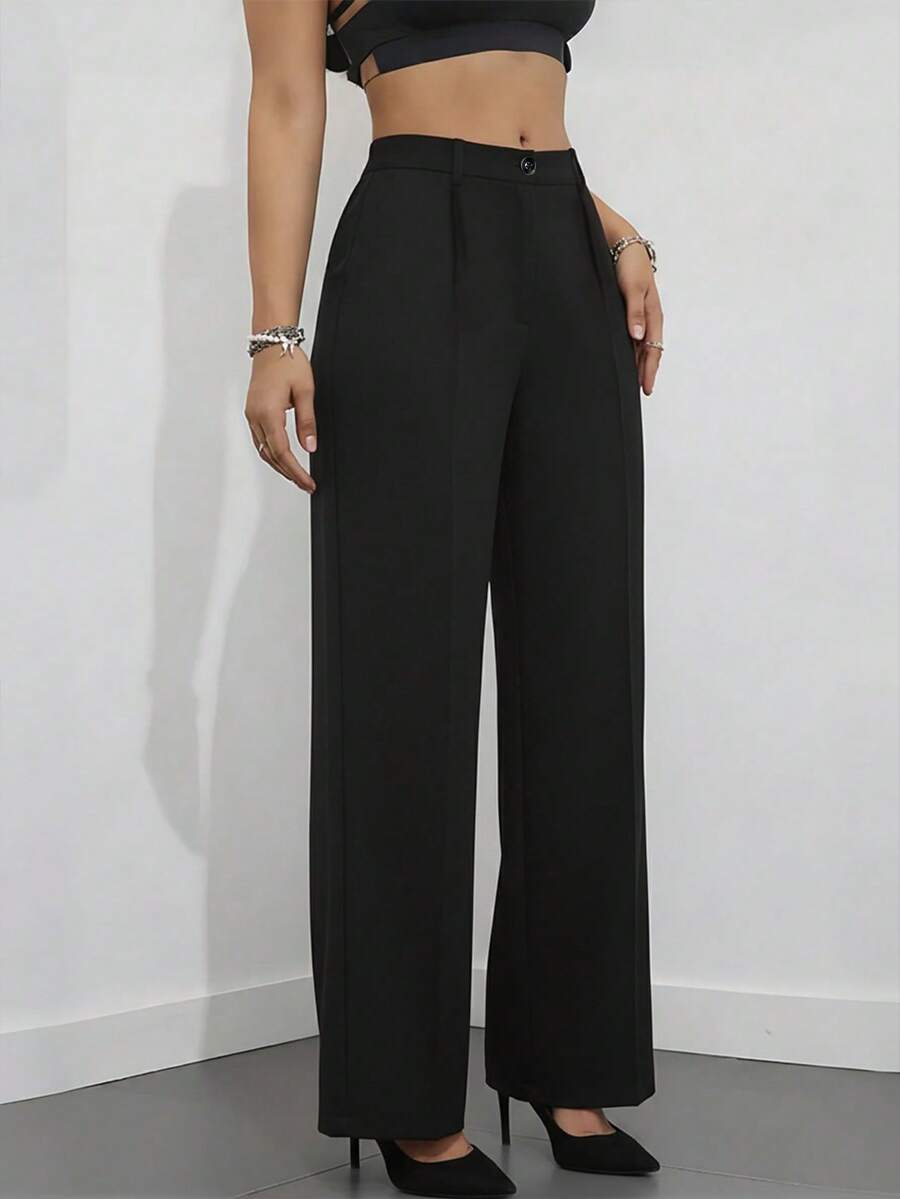 Simone High-Waist Pleated Wide-Leg Trousers with Pockets - Black
