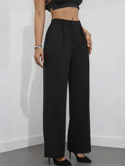 Simone High-Waist Pleated Wide-Leg Trousers with Pockets - Black