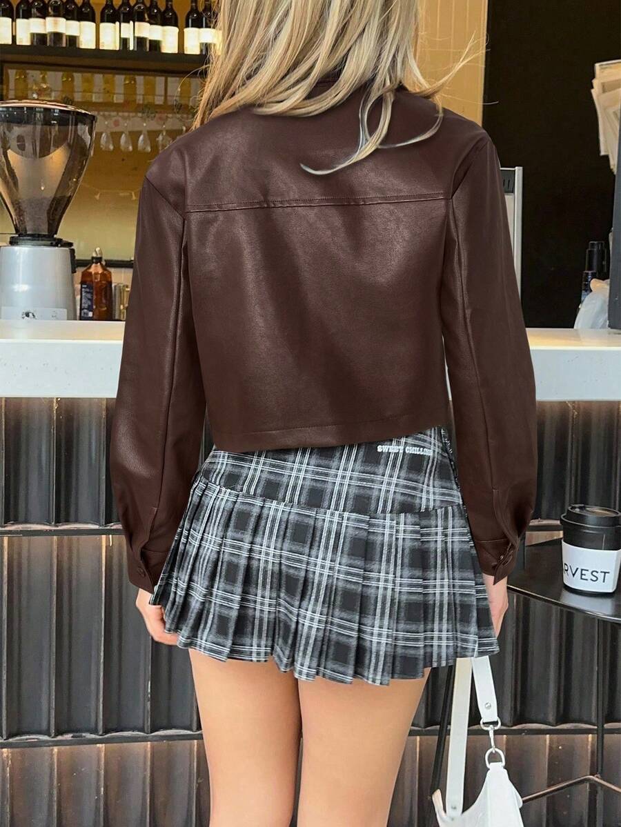 Eliza Button Front Flap Pocket PU Jacket - Coffee Brown