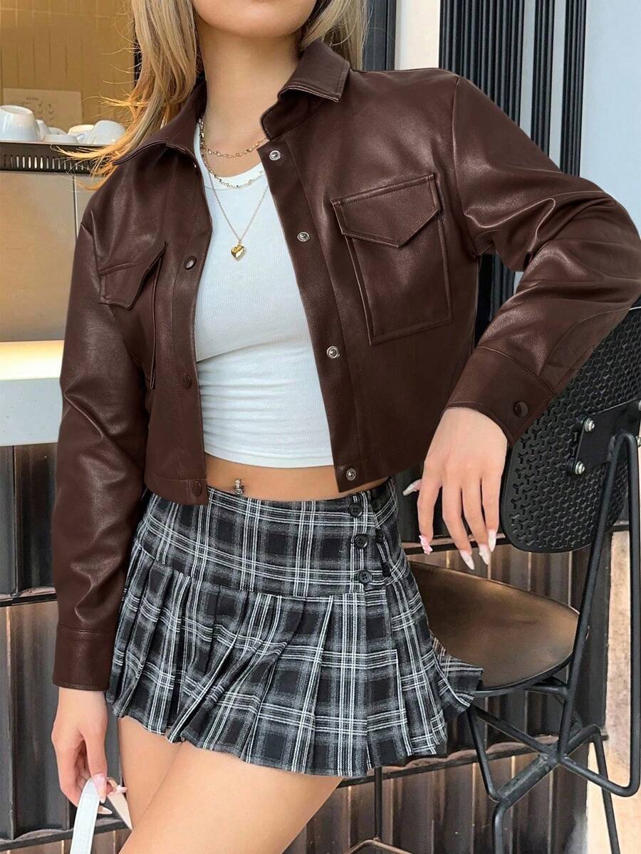 Eliza Button Front Flap Pocket PU Jacket - White