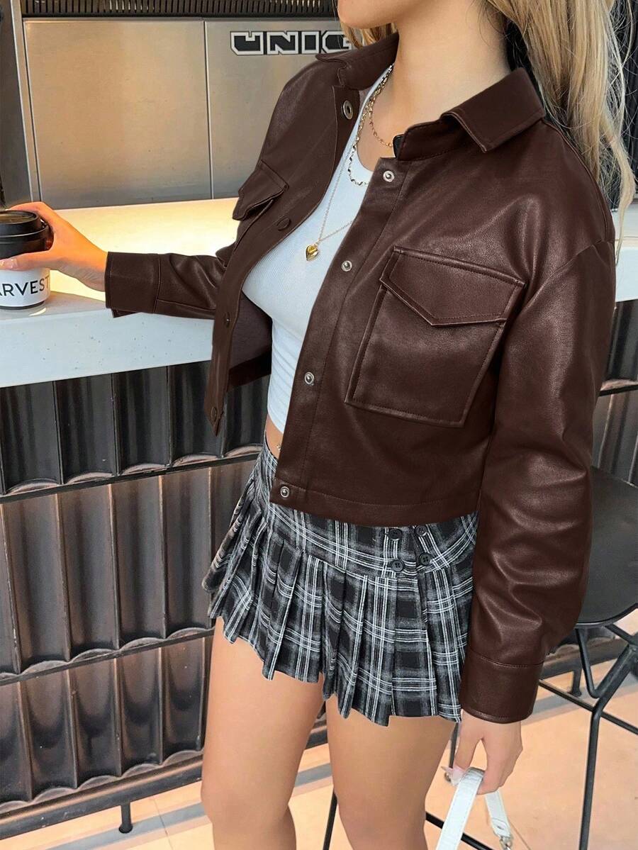 Eliza Button Front Flap Pocket PU Jacket - Burgundy