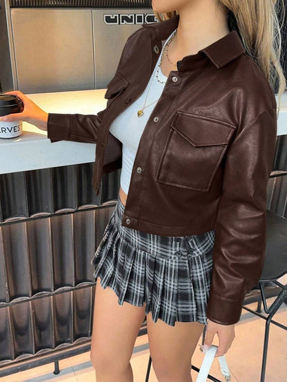 Eliza Button Front Flap Pocket PU Jacket - Burgundy