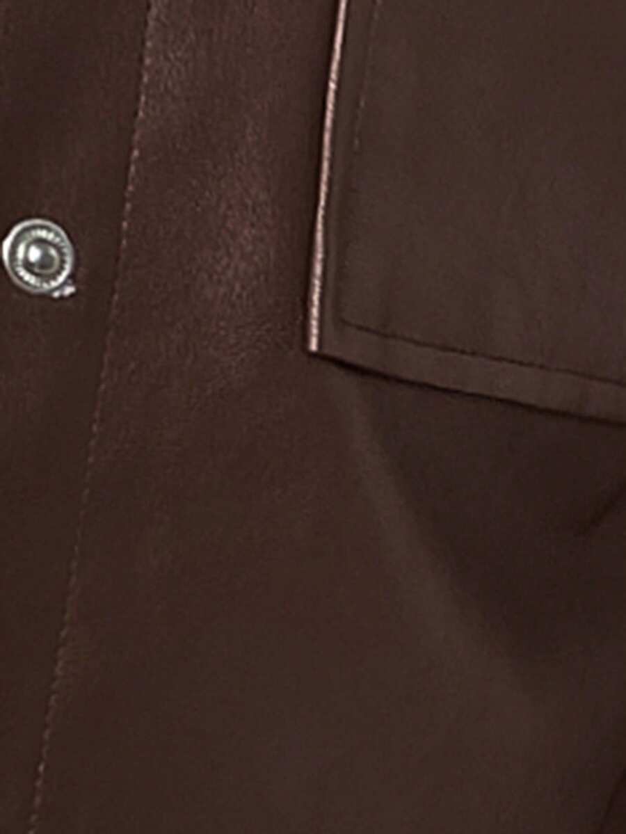 Eliza Button Front Flap Pocket PU Jacket - Coffee Brown