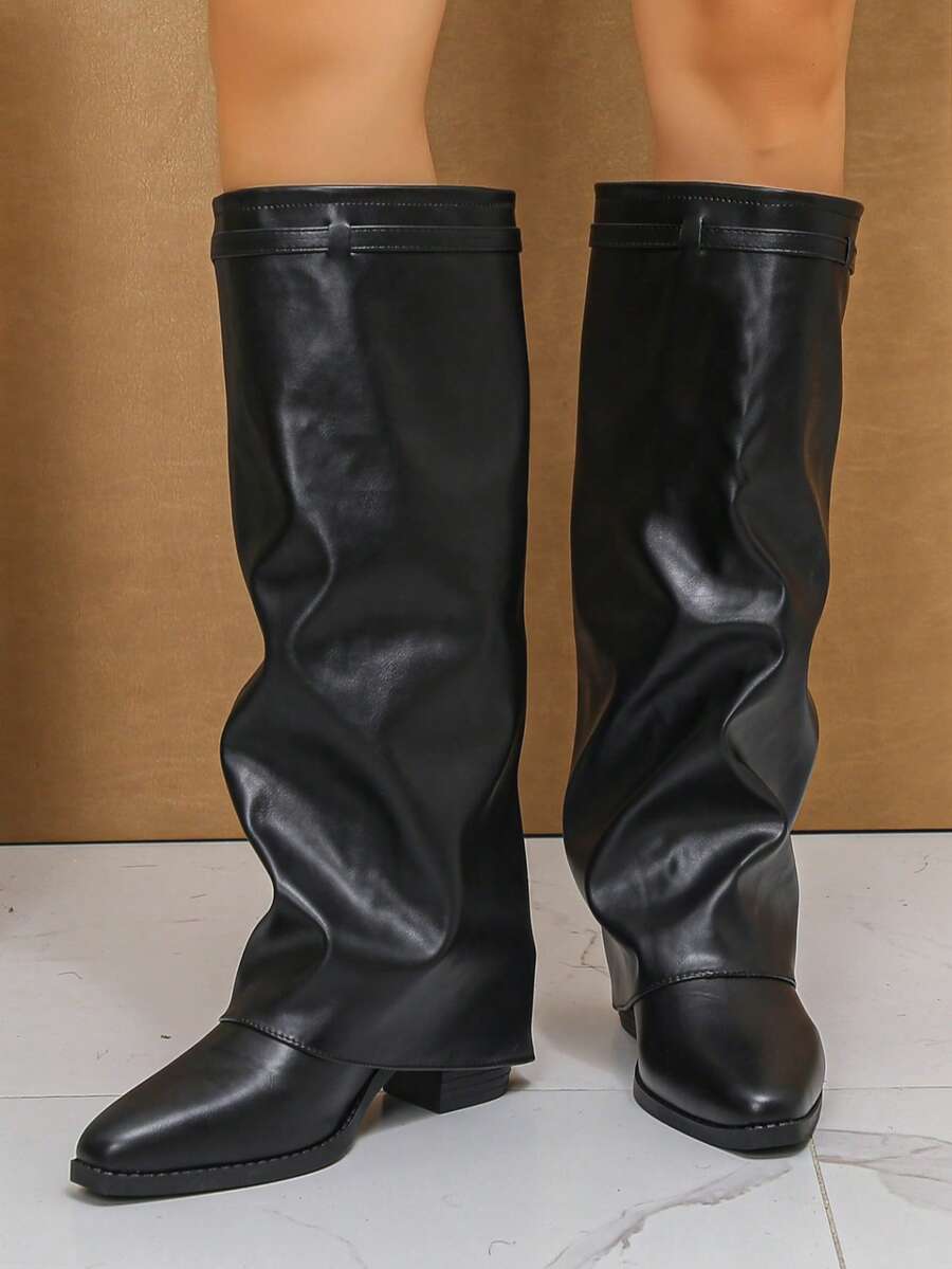 Women's Pleated Loose Boots, Fashion Thick High Heel Pointed Toe Knee-High Dress Boots, Punk Pleated Brown Boots Suitable For Daily, Festival, Versatile,Cowboy Boots Mensa