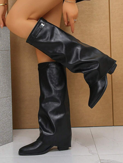 Women's Pleated Loose Boots, Fashion Thick High Heel Pointed Toe Knee-High Dress Boots, Punk Pleated Brown Boots Suitable For Daily, Festival, Versatile,Cowboy Boots Mensa