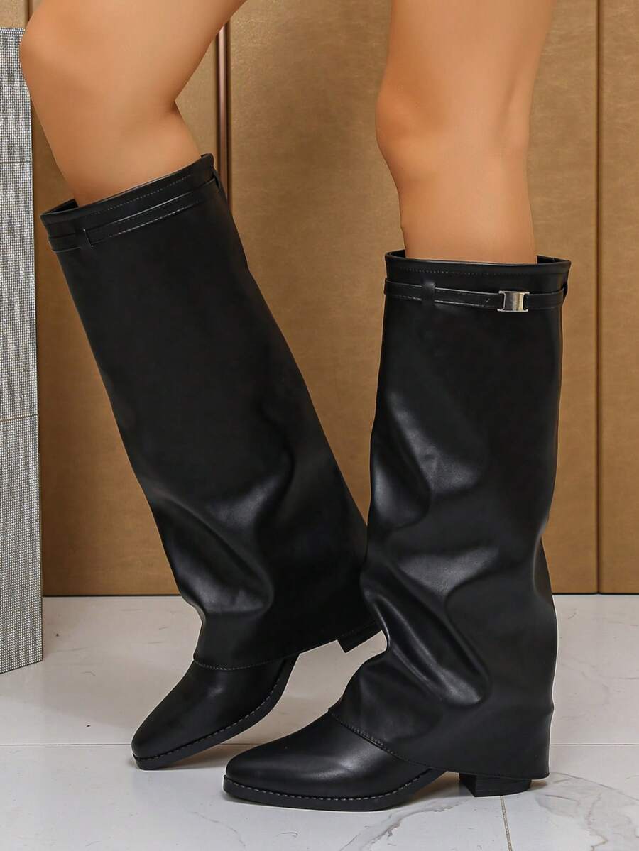 Women's Pleated Loose Boots, Fashion Thick High Heel Pointed Toe Knee-High Dress Boots, Punk Pleated Brown Boots Suitable For Daily, Festival, Versatile,Cowboy Boots Mensa