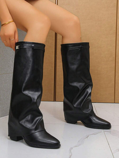Women's Pleated Loose Boots, Fashion Thick High Heel Pointed Toe Knee-High Dress Boots, Punk Pleated Brown Boots Suitable For Daily, Festival, Versatile,Cowboy Boots Mensa
