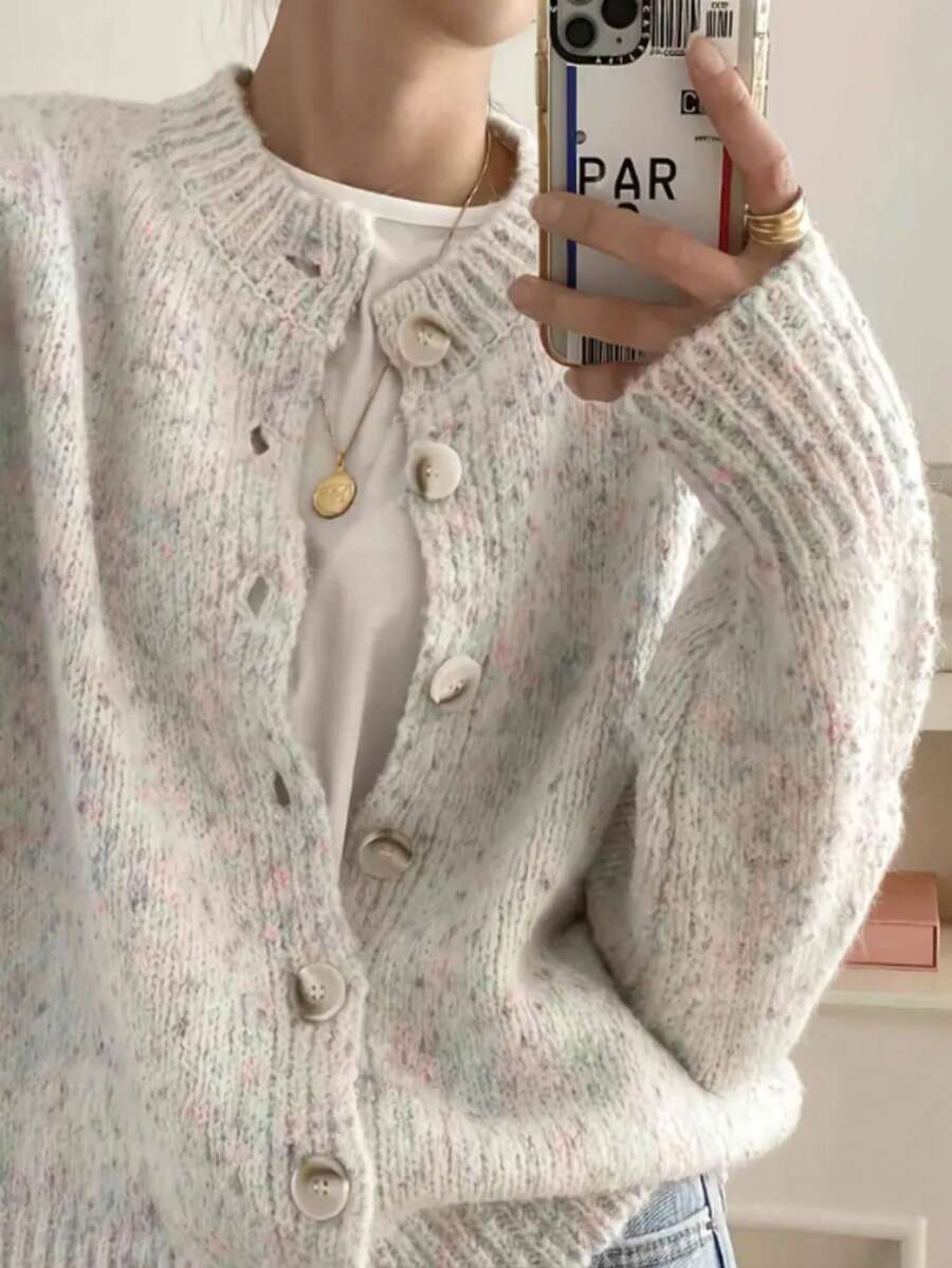 Kinsale Speckled Knit Crew Neck Button Front Cardigan