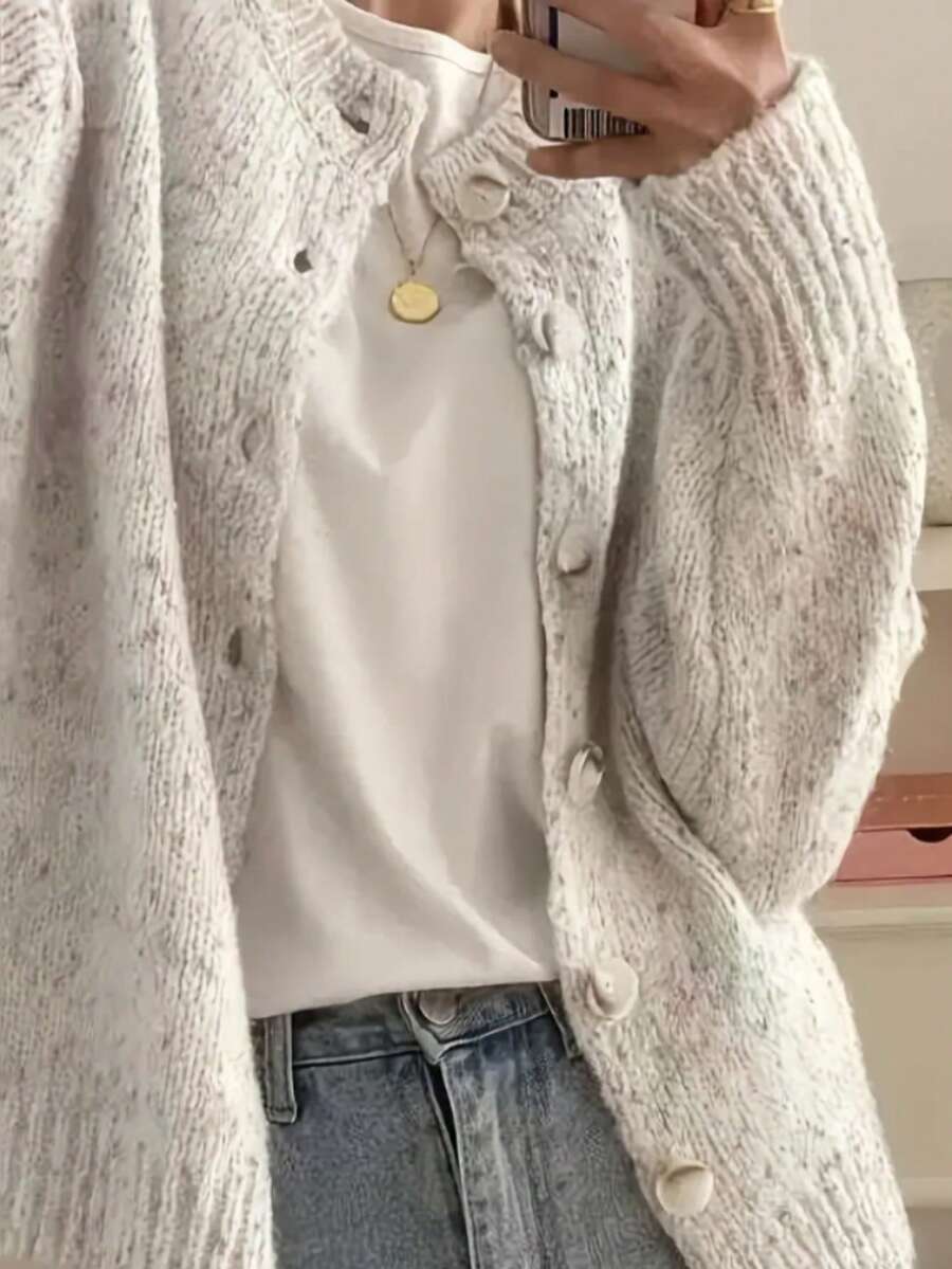 Kinsale Speckled Knit Crew Neck Button Front Cardigan