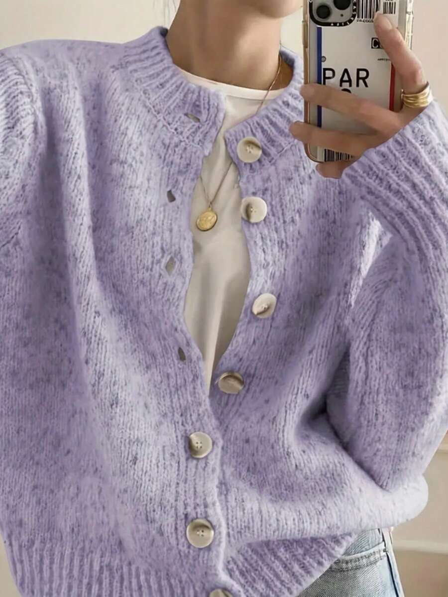 Kinsale Speckled Knit Crew Neck Button Front Cardigan