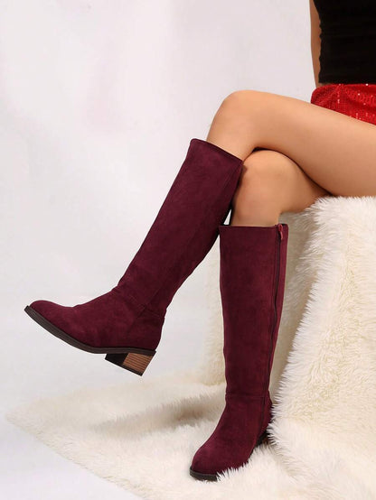 Fall/Winter Plus Size Women's Suede Brown Knee-High Boots With Side Zipper And Chunky Heel,Cowboy Boots Mensa
