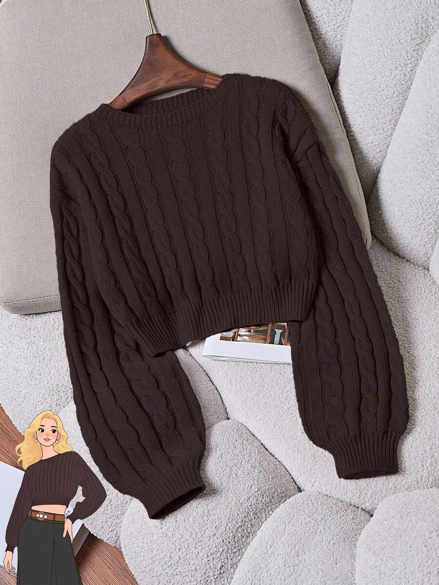 Oriana Cropped Cable Knit Sweater with Crew Neck - Chocolate Brown