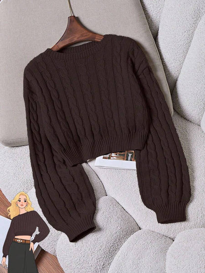 Oriana Cropped Cable Knit Sweater with Crew Neck - Chocolate Brown
