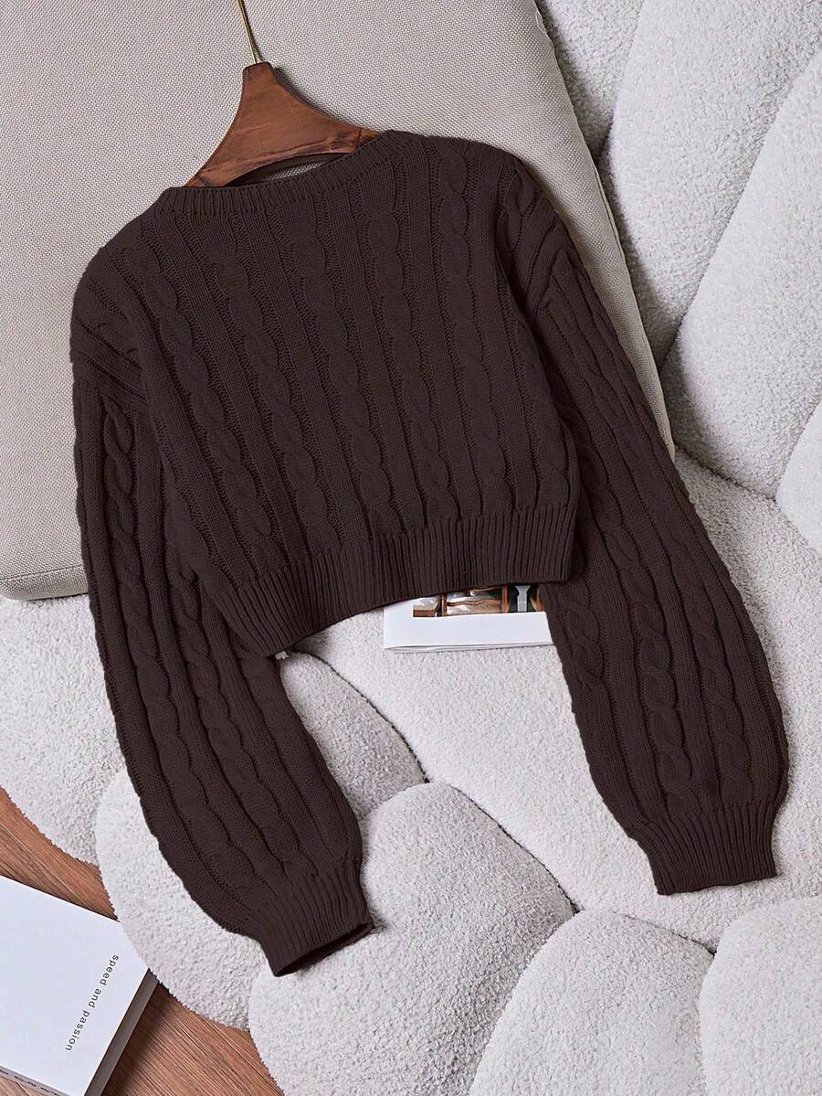 Oriana Cropped Cable Knit Sweater with Crew Neck - Chocolate Brown