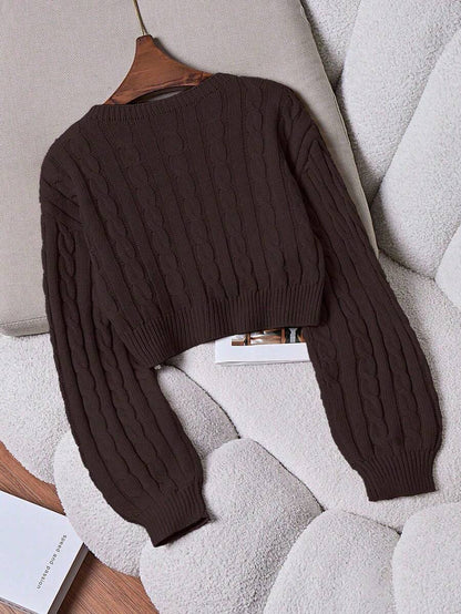 Oriana Cropped Cable Knit Sweater with Crew Neck - Chocolate Brown