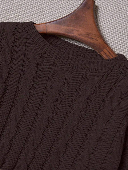 Oriana Cropped Cable Knit Sweater with Crew Neck - Chocolate Brown