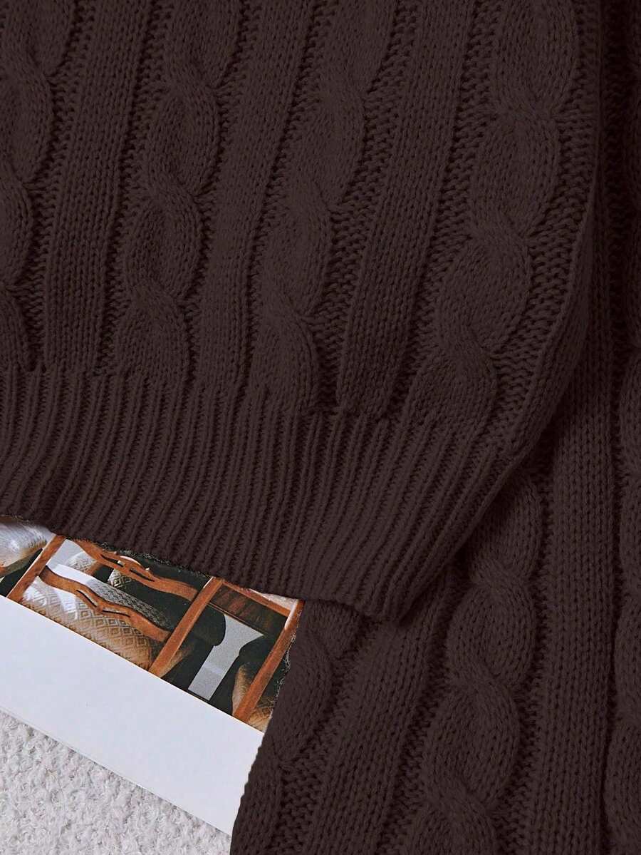 Oriana Cropped Cable Knit Sweater with Crew Neck - Chocolate Brown