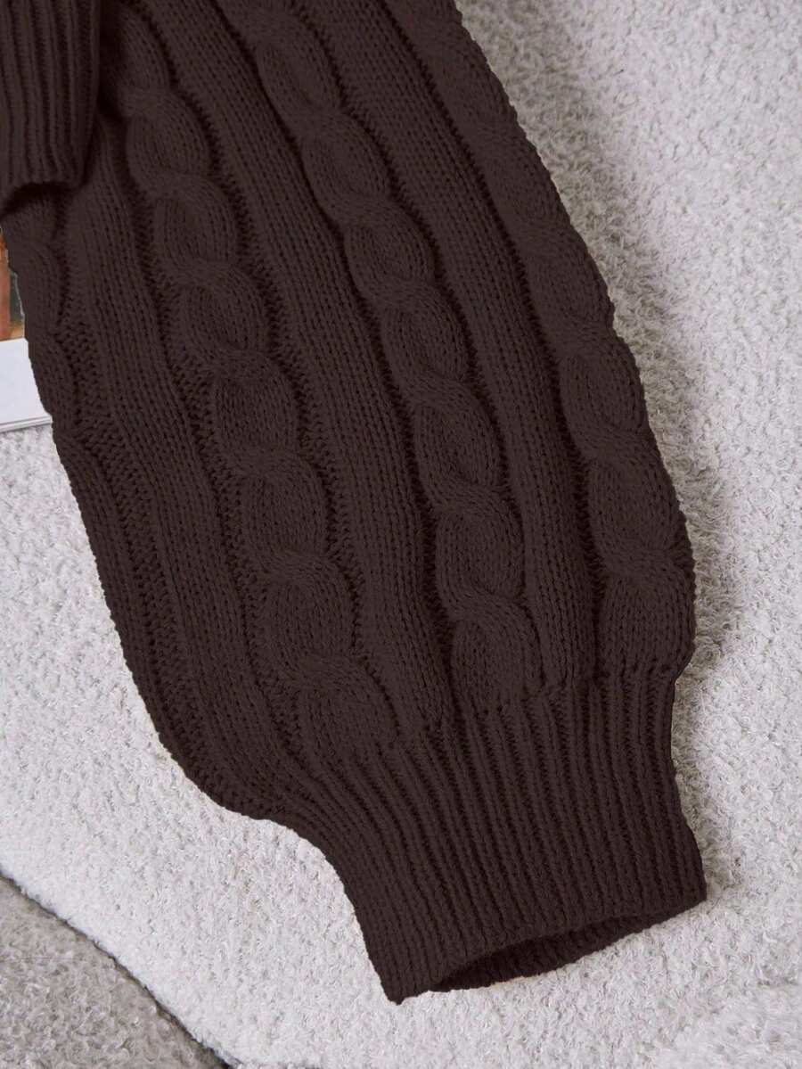 Oriana Cropped Cable Knit Sweater with Crew Neck - Chocolate Brown